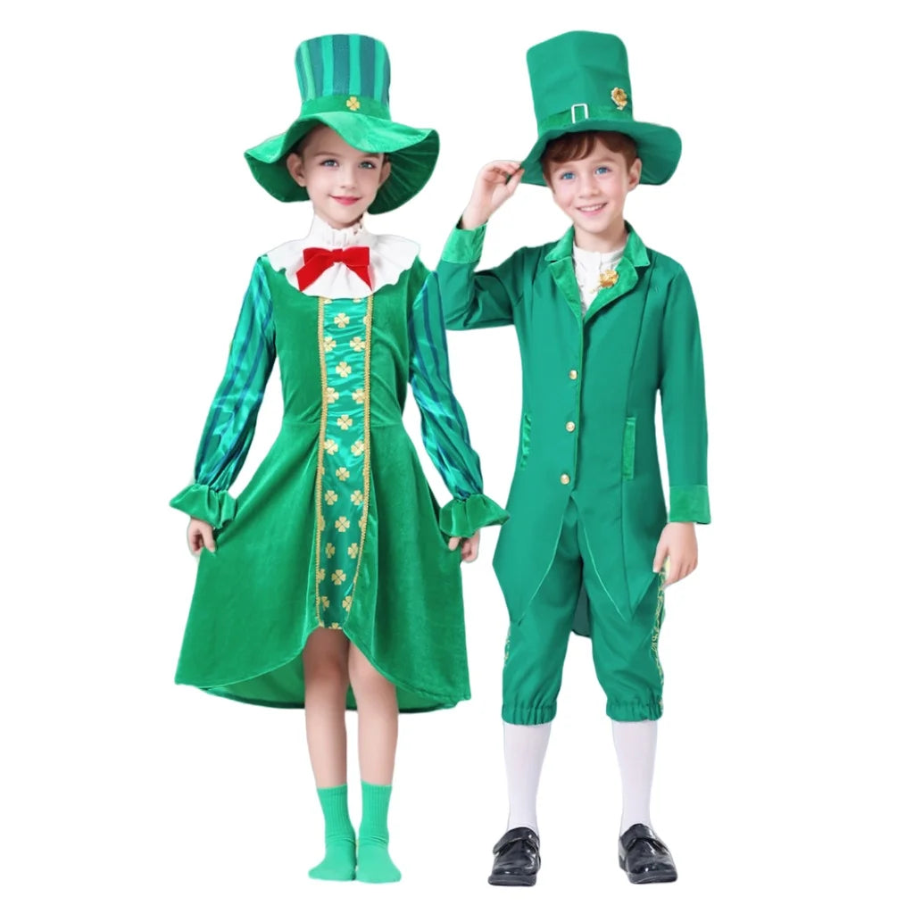 Kids Boys Girls Irish Gnome Leprechaun Green Fancy-dress Outfit St Patricks Day Party Costumes