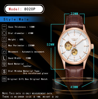 LONGLUX automatic watch elegant style mechanical wristwatches skeleton rome waterproof mens watch men gift