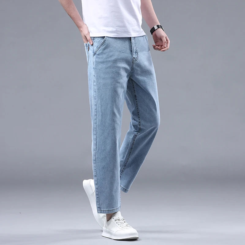 New Summer 95% Cotton Straight Thin Jeans for Men Classic Style Stretch Soft Fabric Light Blue Denim Ankle-Length Pants Male