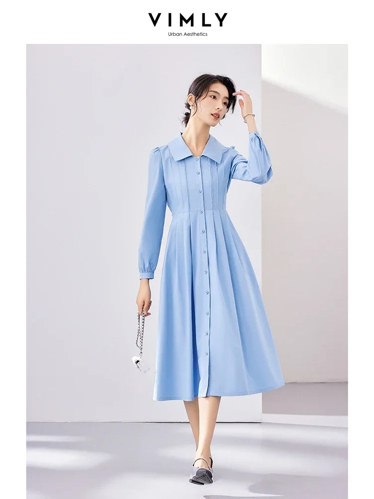 Vimly Cotton 100% Women's Blue Button Up Shirt Dresses Autumn Fashion A-line Lapel Long Sleeve Elegant Midi Dress M2917