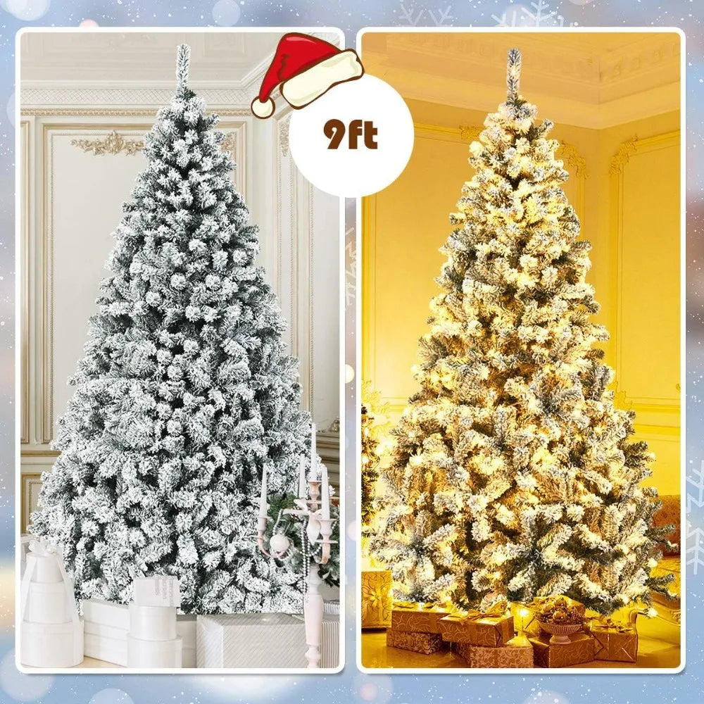 Pre-Lit Artificial Christmas Tree, Premium PVC Snow Flocked Hinged Pine Tree with Metal Stand and LED Lights