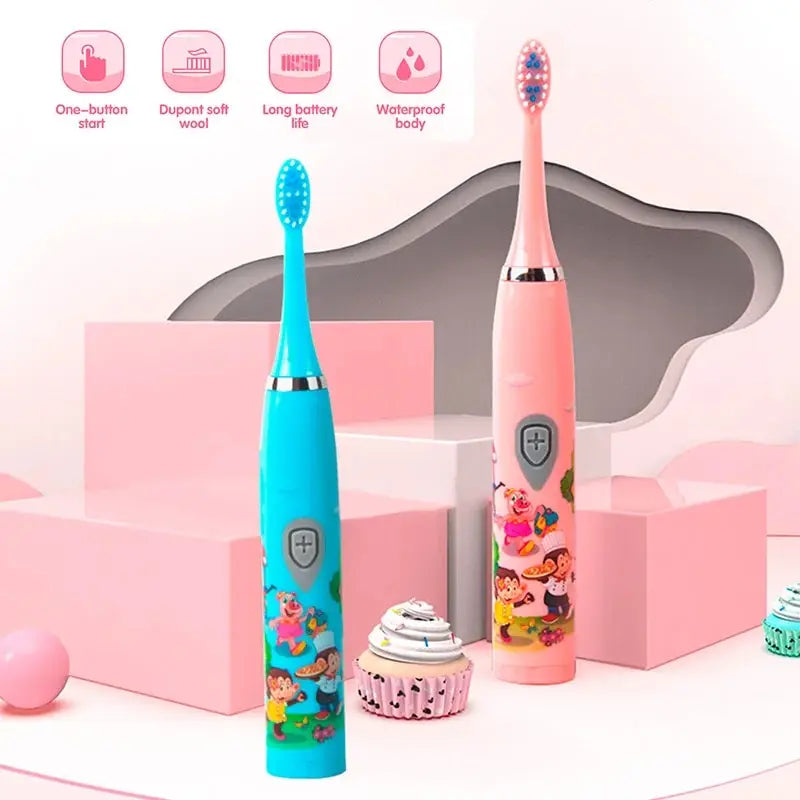 Children Sonic Electric Toothbrush IPX7 Waterproof Colorful Cartoon For Kid Use Soft Bristle Replaceable With Tooth Brush Heads