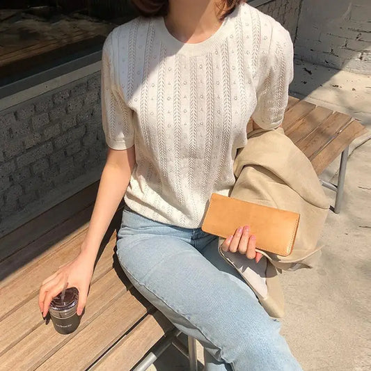 100% Cotton Women Hollow-out Sweater T-shirt New Summer Fashion Short-sleeve O-Neck Pullover Tees Korea Casual Knitted Tops