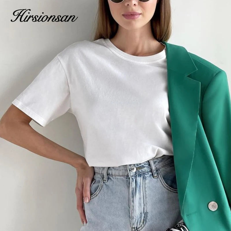 Hirsionsan Basic Cotton T Shirt Women Summer New Loose Solid Tees 19 Color Casual Loose Tshirt Oversized O Neck Female Tops