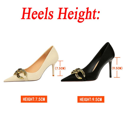 Women 7.5cm 9.5cm High Heels Escarpins Pumps Lady Metal Chain Low Heels Nightclub Slim Fit Party Green Office Prom Shoes