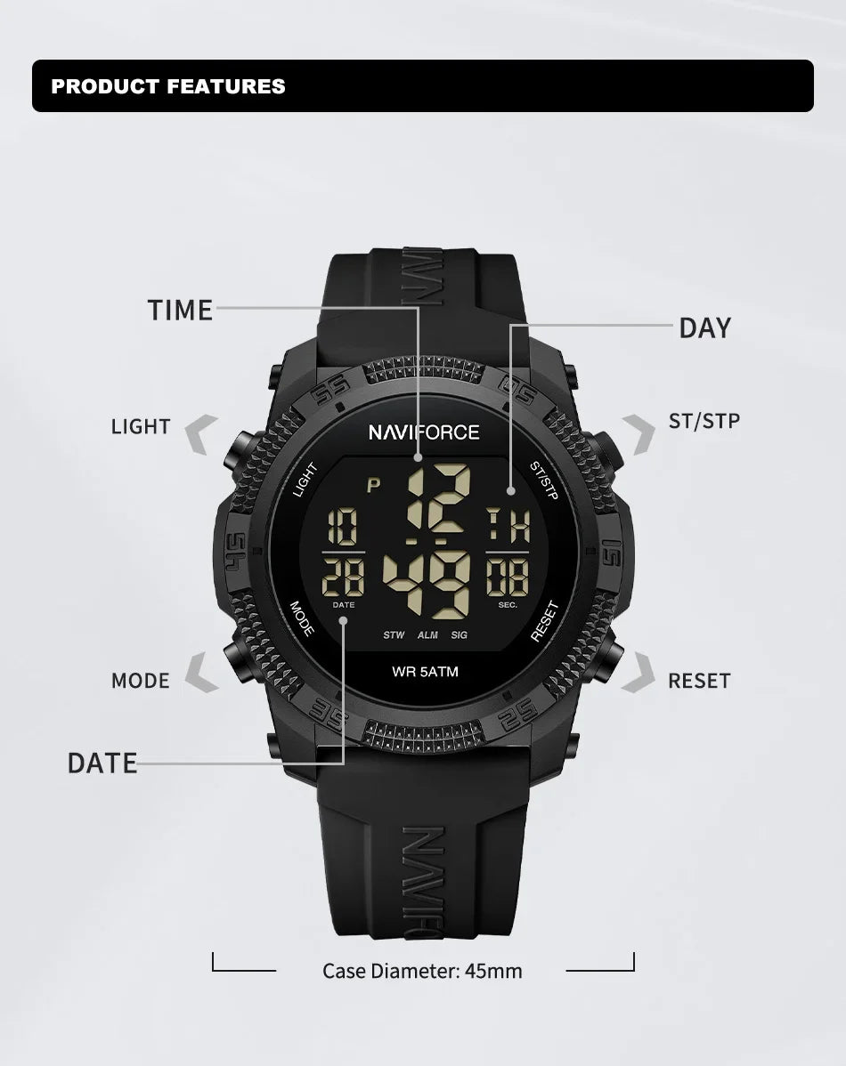 NAVIFORCE NF7104 Men's LCD Digital Casual Date and Week Alarm Waterproof Silicone Strap Electronic Watch