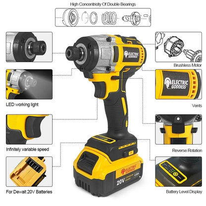 EGOD DCF887 Cordless Impact Driver Brushless Motor Electric Drill 1/4-In 205N.M High Torque Power Tools fit 20V DEWALT Battery