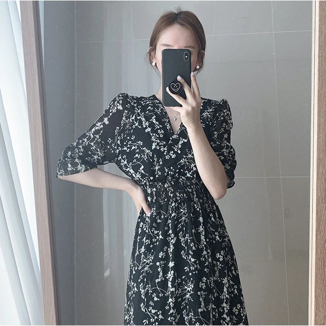 Vintage Korea Fashion Clothing Summer Slim Elastic Waist A Line V Neck Elegant Office Lady Floral Chic Chiffon Long Dress Retro