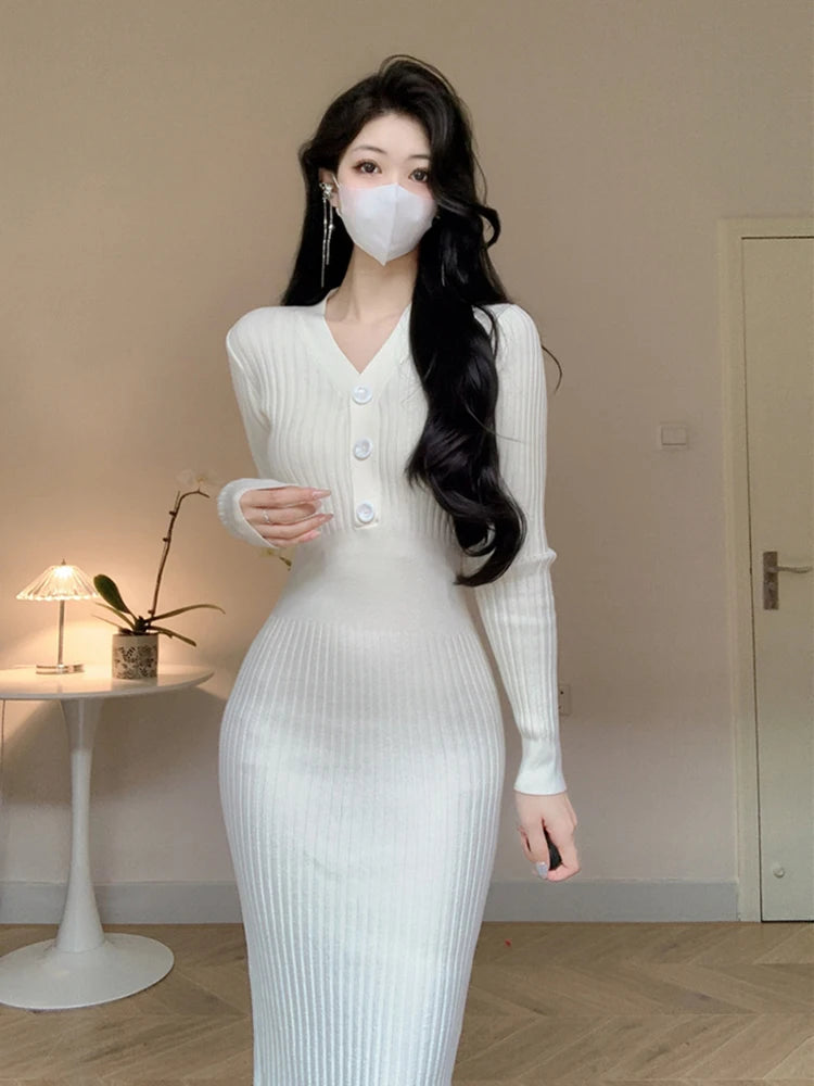 Vintage Knitted Sweater Long Sleeve Midi Dresses for Women Slim Korean Elegant Green Button V Neck Bodycon Dress Autumn