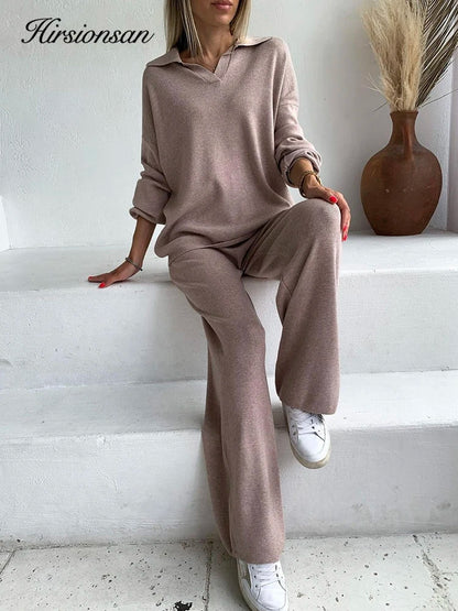 Hirsionsan Cashmere Turn Down Neck Knitted Sets Women Winter Casual Two Pieces Sweater and Pants Loose Outfits Tracksuit