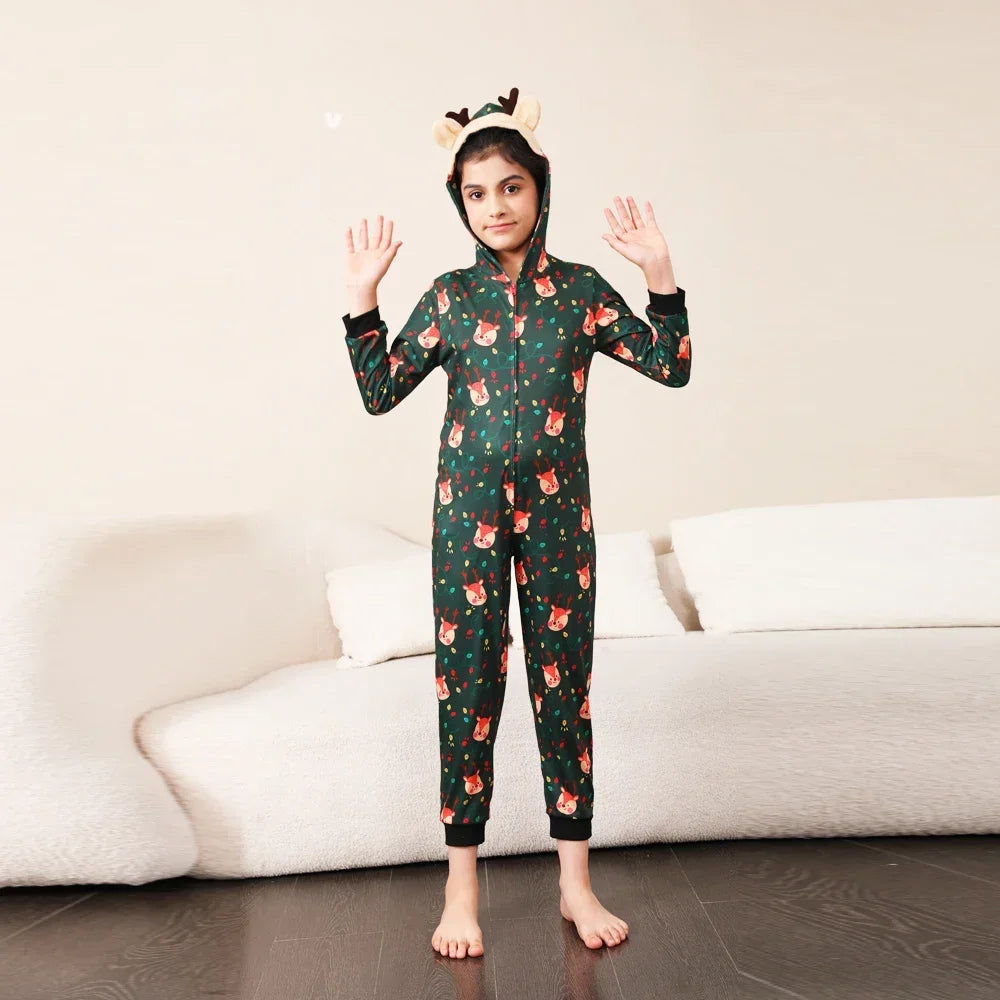 2024 Christmas Family Matching Outfit Cute Deer Ear Hooded Zipper Romper Cute One-Piece Jumpsuit Allover Print Pajamas Xmas Look