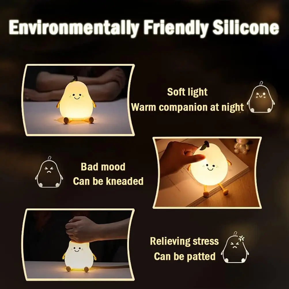 Night Lights for Kids Pear Shaped Cute Silicone Nightlight 4/7 Colors Night Lamp USB Charging for Bedroom Bedside Room