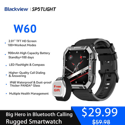 Blackview W60 New Smartwatch 2.01'' HD Display TFT Rugged Smart Watch for Outdoor With Emergency Lighting Bluetooth Calling