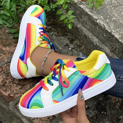 Rainbow Color Lace Up Sneakers Women Casual Non-Slip Platform Vulcanized Shoes Woman 2023 Autumn Flats Running Walking Shoes 43