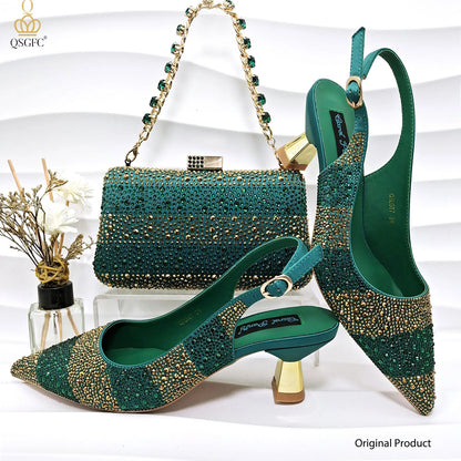 QSGFC Nigerian Women Heel Party Ladies Italian Design Green Shoes And Bag Set Decorated with Rhinestone Handbag Wedding Party