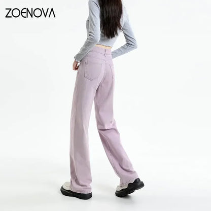 ZOENOVA Korean Long Trousers Casual Denim Pants Simple Female Spring Straight Loose Women's Wide Leg Jeans Pink Purple Red