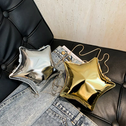 Niche Design Gold And Silver Chain Women's Evening Bag New Bright Face Five Pointed Star Shoulder Bag Funny Party Bag