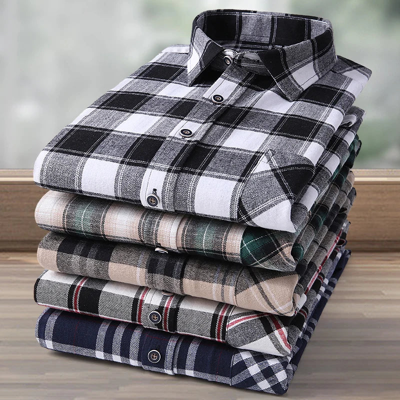 Men's 100% Pure Cotton Flannel Soft Regular-fit Long Sleeve Brushed Shirt Single Pocket Comfortable Casual Plaid Shirts S-8XL