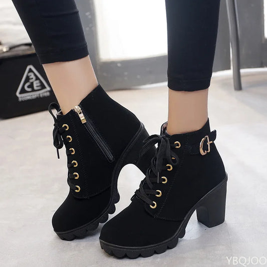 Women's Ankle Boots Autumn High Heel Belt Buckle Shoes Women Lace Up Platform Boots Women Boots 42 Botas De Mujerv