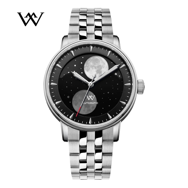 WM Watch Welly Merck Automatic Mechanical Watches Men Lunar Moon Phase Sapphire Waterproof Man Luminous Twin Moons Watch WM142