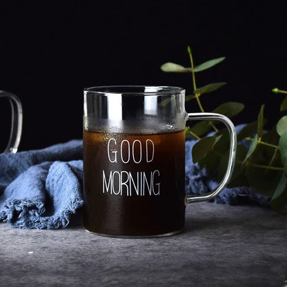 GOOD MORNING Coffee Mug Transparent Breakfast Cup Heat Resistant Glass Cup Teacup Iced Juice Water Cup Wine Beer Glass Drinkware