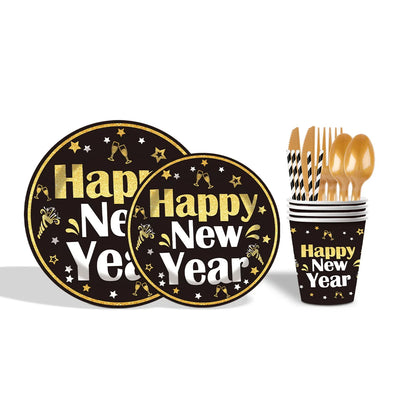 New Year Theme Disposable Tableware Paper Plates Cups Napkins Happy New Year 2025 Black Golden Party Decoration Supplies