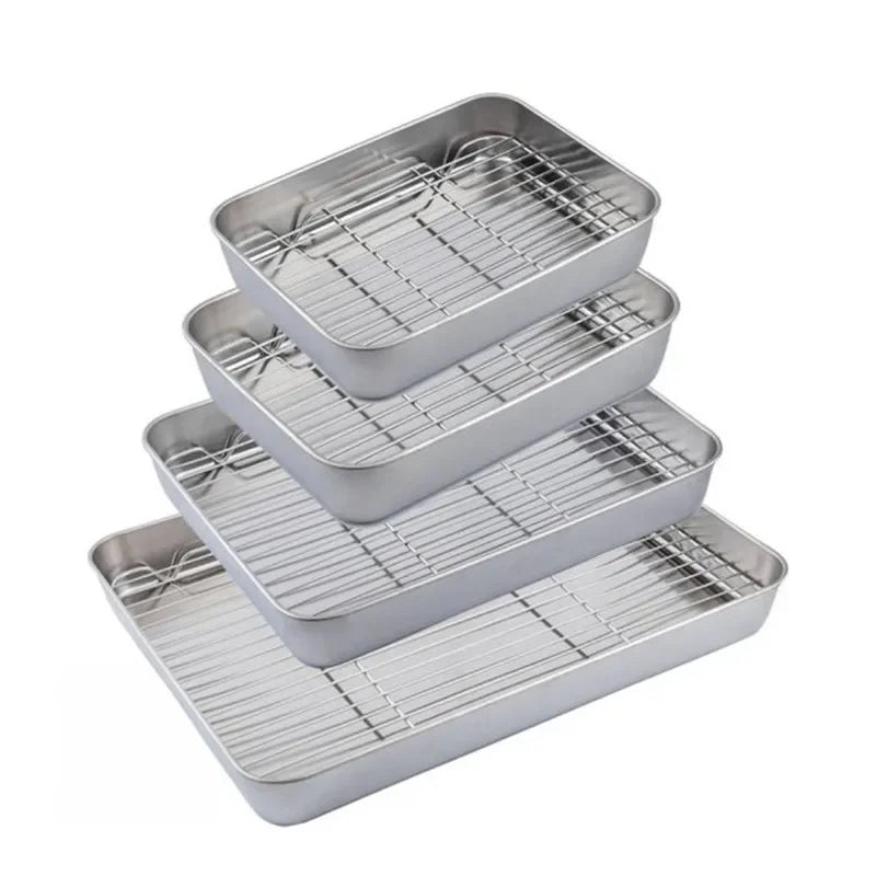 304 Stainless Steel Baking Tray Plate Bbq Tray With Removable Cooling Rack Set Baking cake Pan Sheet Non Toxic Oven Dishwasher