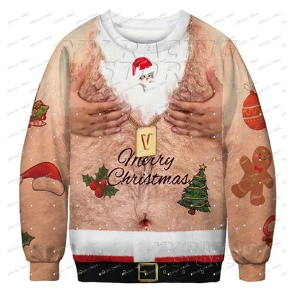 Christmas Funny New Year Ugly Man Pullover Xmas With Chest 3D Print Autumn Warm Streetwear Sweatshirts Clothes For Men Clothing