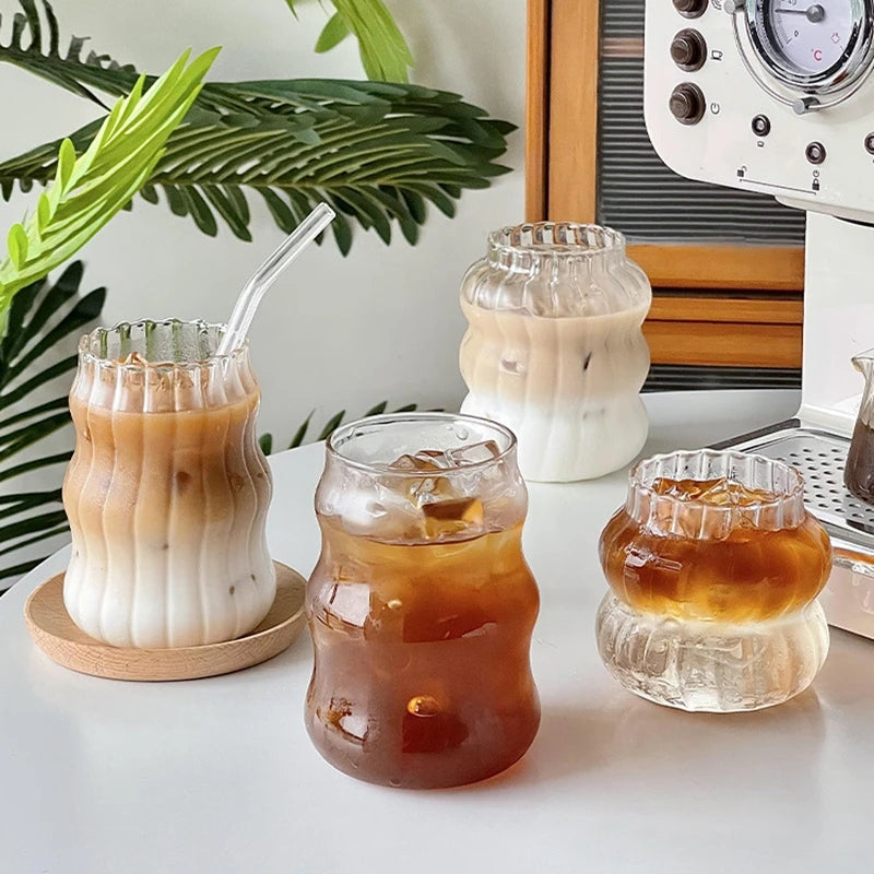 Ins Glass Cup Heat-resistant Tumbler Drinkware Transparent Tea Juice Milk Coffee Mug Water Glasses Stripe Mug 410ml/650ml/530ml