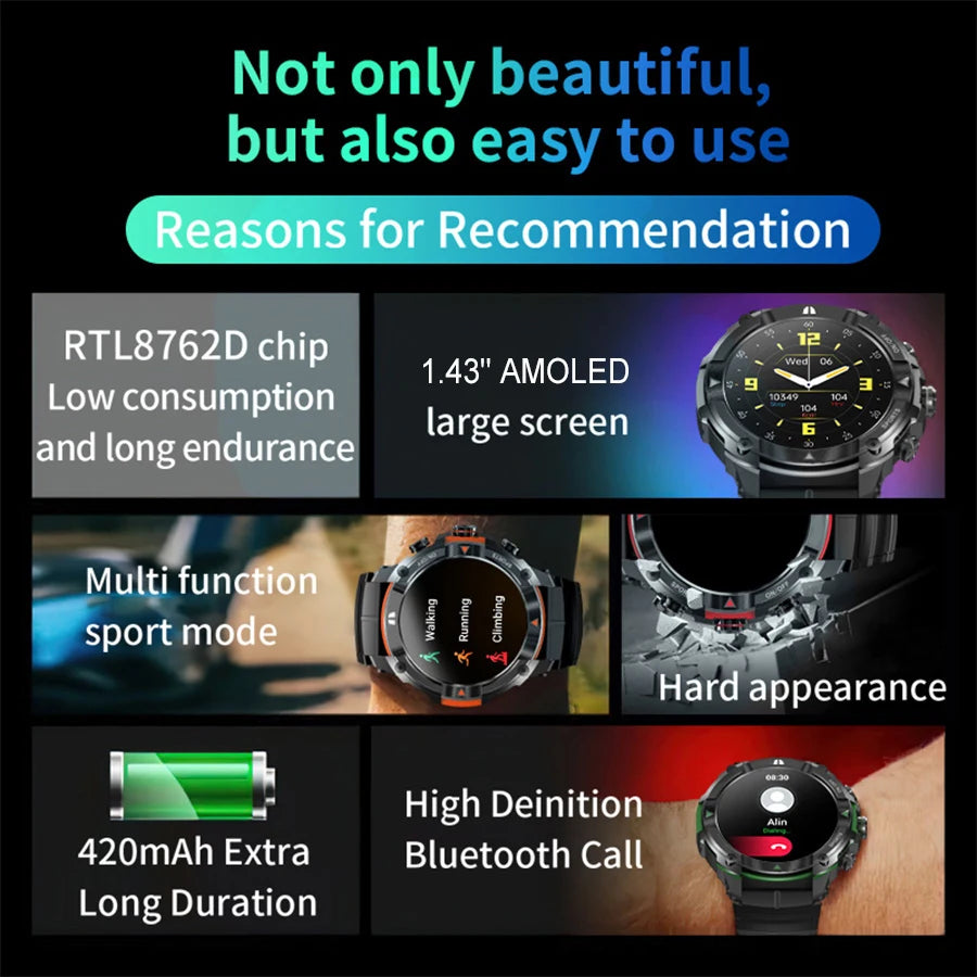 MASX MOSS Ⅱ smart watch 1.43'' AMOLED Display 420mAH bluetooth call Military-grade Toughness Waterproof Sport watch men