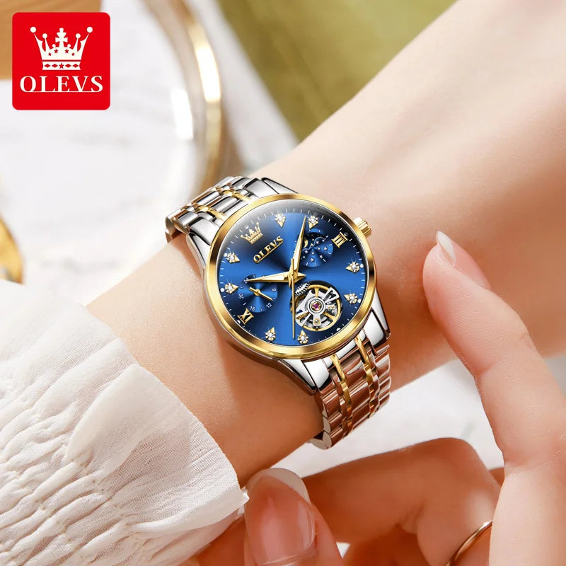 OLEVS Automated Mechanical Women's Watch Skeleton Hollow Moon Phase Date Display Elegant Luxury Watch for Ladies Original