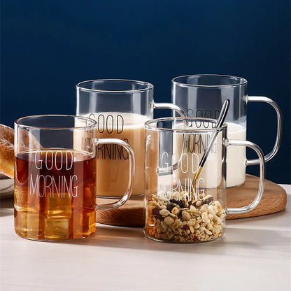 GOOD MORNING Coffee Mug Transparent Breakfast Cup Heat Resistant Glass Cup Teacup Iced Juice Water Cup Wine Beer Glass Drinkware