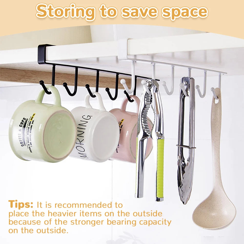 6 Hooks Storage Shelf Wardrobe Kitchen Bathroom Organizer Iron Metal Under Shelves Hanging Rack Mug Cup Utensils Holder Kitchen