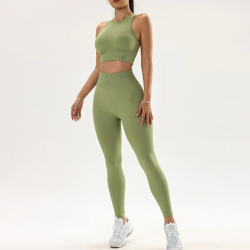 Women's High Waisted Leggings and Top Two Piece Seamless Fitness Set