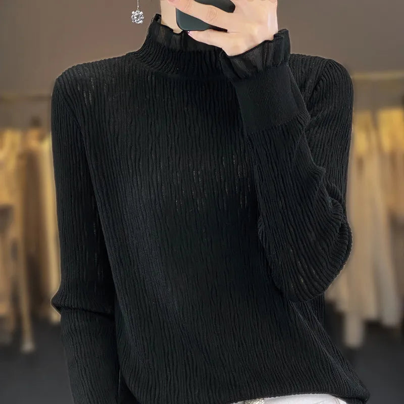 Women New Fine Wool Silk Sweater Lace Half-high Collar Hollow Out Pullover Spring Autumn Bottoming Shirt Knitting Top