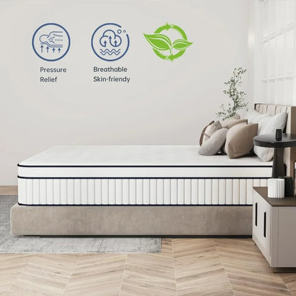 10 Inch King Size Mattress in a Box, Strength Hybrid Mattress with Pocket Spring and Soft Foam, Ultimate Motion Isolation