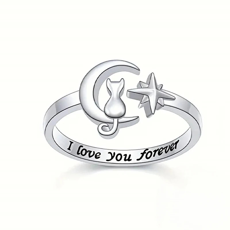 Huitan 925 Sterling Silver Opening Rings Unique Moon Star Cute Cat Design Finger Rings for Women Romantic Love Jewelry Best Gift