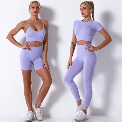 Seamless Women Yoga Set Workout Shirts Sport Pants Bra Gym Suits Fitness Shorts Crop Top High Waist Running Leggings Sports Sets