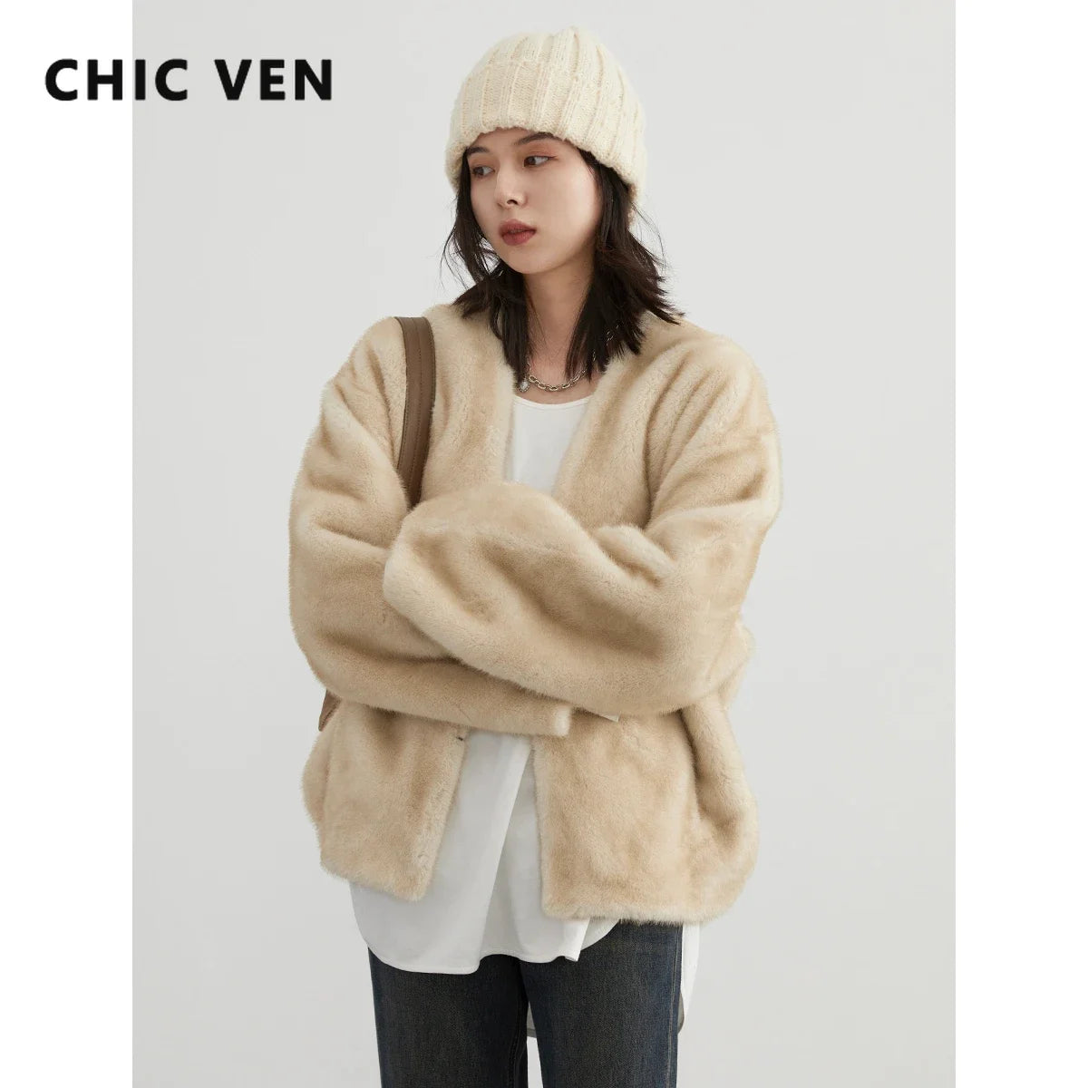 CHIC VEN Women's Jacket Loose Casual Solid Overcoat New Female Plush Coat V-neck Woman Outerwear Autumn Winter 2023