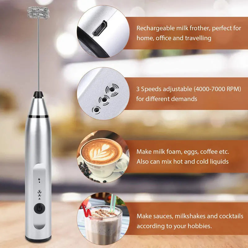 Portable Electric Milk Frothers Wireless Rechargeable Handheld Blender Egg Beater with USB Mini Whisk Mixer for Coffee Cream