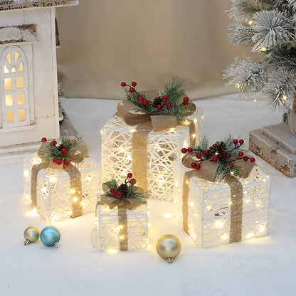 3/4pcs Set Hollowed Out Christmas Decoration Led Gift Box with Bow Lights Iron Box Art Home Outdoor Mall Gift Home Party Supplie