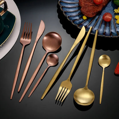 16Pcs Gold Stainless Steel Cutlery Set Knife Fork Spoon Dinnerware Matte Tableware Set Wedding Birthday Silverware Dinner