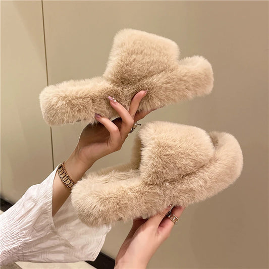 Fur Slippers Winter Platform Fluffy Slippers Furry Sabot Hairy Plush Women House Home Flat Cozy Fuzzy Indoor Shoes Casual