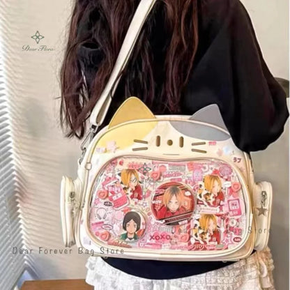 New Y2K Korean Kawaii Cat Ita Bag Cute PU Shoulder Bag Girls Transparent Pocket Harajuku Crossbody Bag Women's Fashion Backpacks