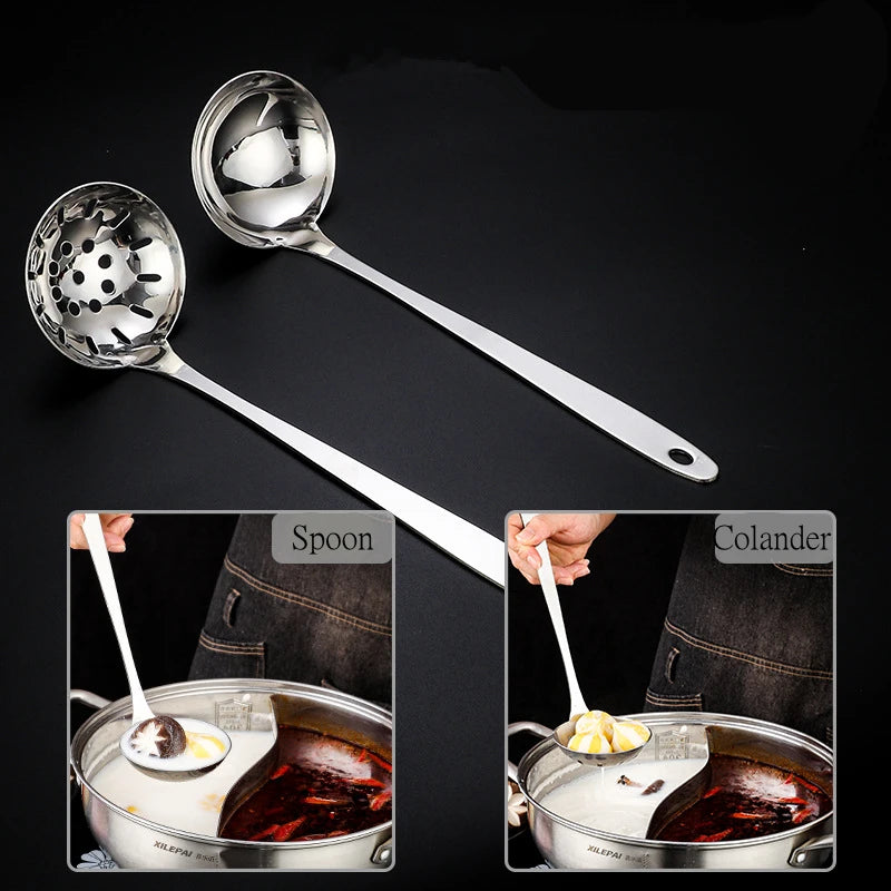 Long Handle Stainless Steel Hot Pot Spoon Colander Kitchen Soup Ladle Skimmer Ramen Scoop Tablespoons Tableware Home Utensils