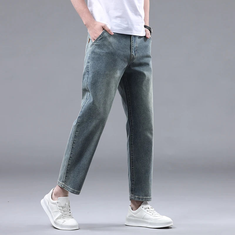 New Summer 95% Cotton Straight Thin Jeans for Men Classic Style Stretch Soft Fabric Light Blue Denim Ankle-Length Pants Male