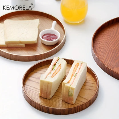 Kemorela 4 sizes Round Acacia Wood Serving Tray Decorative Tray Farmhouse Candle Holder Tray for Kitchen Counter Home Decoration