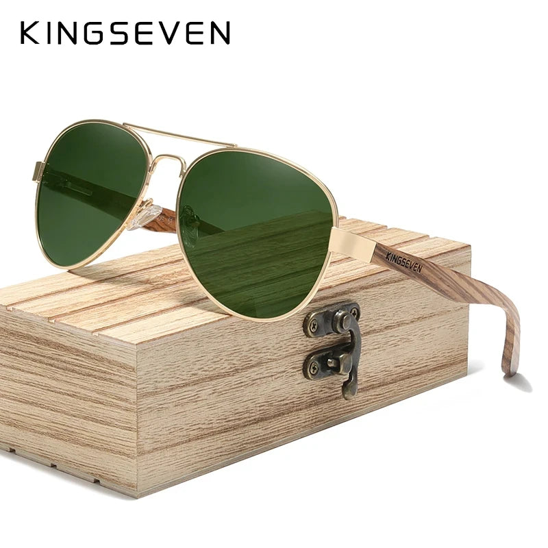 KINGSEVEN Men's Polarized Sunglasses High Quality Natural Zebra Wood Alloy Frame Women UV400 Glasses HD Lens Pilot Eyewear