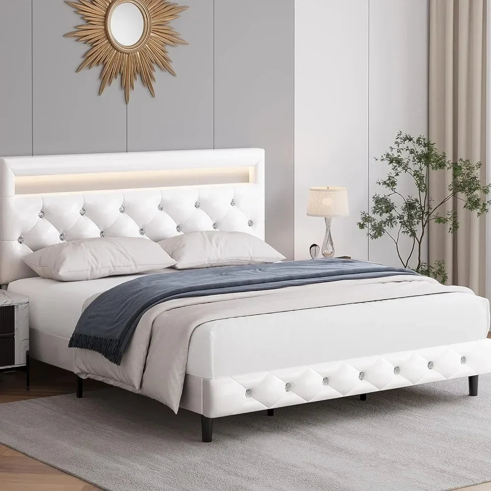 Full Size Platform Bed with LED Lights, Adjustable Tufted Headboard, Wood Slats - White