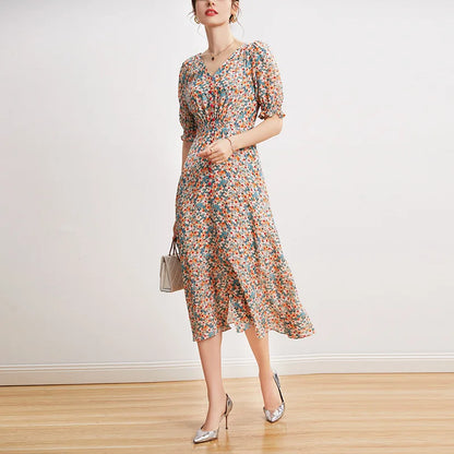 Women's French LadyStyle Dress, 100% Mulberry Silk, Shirring Floral Printing, Puff Sleeve Split Midi Dresses, Retro Robe, Summer